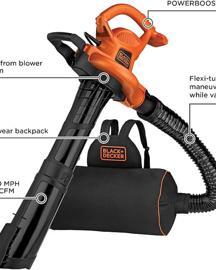 BLACK+DECKER Electric Leaf Blower, Leaf Vacuum and Mulcher 3 in 1, 250 mph Airflow, 400 cfm Delivery Power, Reusable Bag Included, Corded (BEBL7000) - LeafyLoom