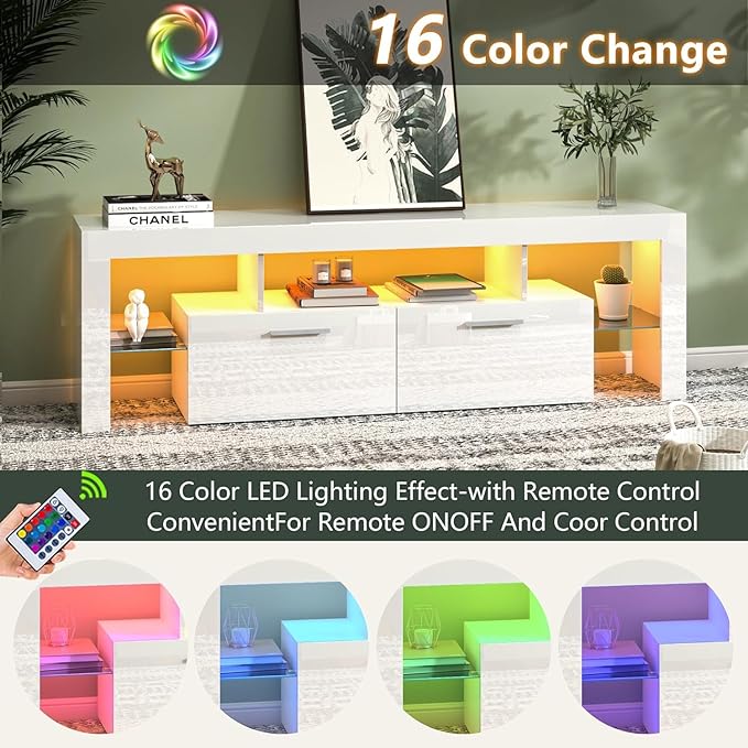 HOUAGI LED TV Stand for 50/55/60/65/70 Inch TVs,Modern Entertainment Center with Storage Drawer and Glass shelf, TV Console Table for Living room,Bedroom,White - LeafyLoom