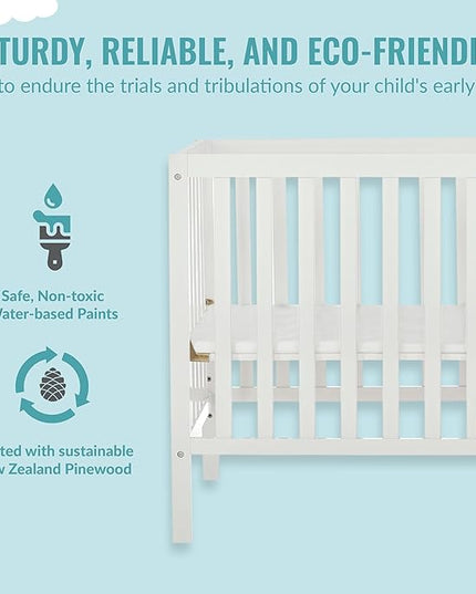 Edgewood 4-In-1 Convertible Mini Crib In White, JPMA Certified, Non-Toxic Finish, New Zealand Pinewood, With 3 Mattress Height Settings, Included 1" Mattress Pad - LeafyLoom