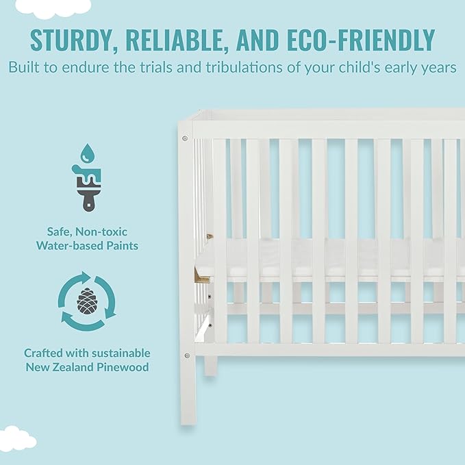 Edgewood 4-In-1 Convertible Mini Crib In White, JPMA Certified, Non-Toxic Finish, New Zealand Pinewood, With 3 Mattress Height Settings, Included 1" Mattress Pad - LeafyLoom