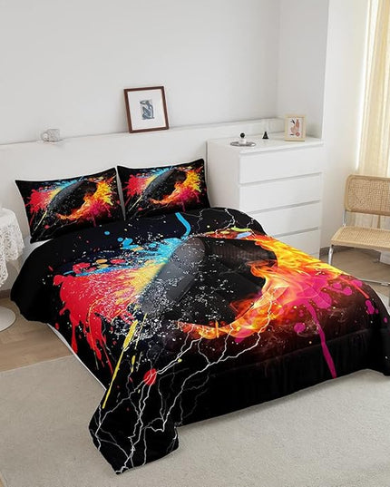 Erosebridal Hockey Bedding Set for Teen Boys Kids Winter Sports Full Comforter Set Grunge Hippie Tie Dye Ball Bed Comforter Sets Red Blue Fire and Water Lightning Quilt Duvet Insert 2 Pillow Cases - LeafyLoom