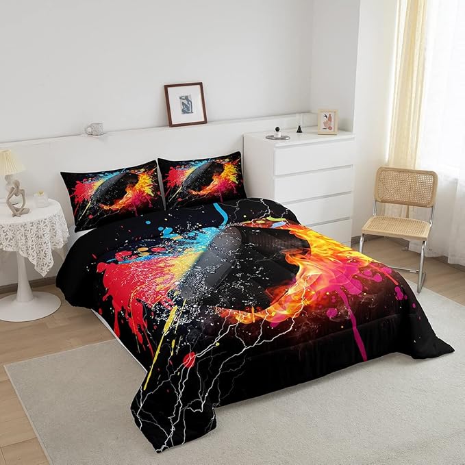 Erosebridal Hockey Bedding Set for Teen Boys Kids Winter Sports Full Comforter Set Grunge Hippie Tie Dye Ball Bed Comforter Sets Red Blue Fire and Water Lightning Quilt Duvet Insert 2 Pillow Cases - LeafyLoom