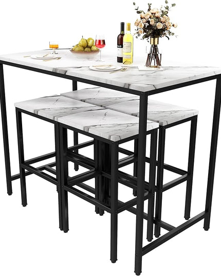 Yongchuang 5 Piece Bar Table Set, Kitchen Bar Table and Chairs Set of 4, Modern Metal Counter Height Table with Stools for Dining Room, Living Room Breakfast Table White Faux Marble Wood Top - LeafyLoom