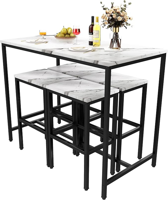 Yongchuang 5 Piece Bar Table Set, Kitchen Bar Table and Chairs Set of 4, Modern Metal Counter Height Table with Stools for Dining Room, Living Room Breakfast Table White Faux Marble Wood Top - LeafyLoom