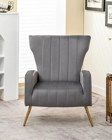 Armchair Modern Velvet Accent Chair, Channel Tufted Bedroom, Office or Living Room Furniture with Elegant Metal Legs, Grey - LeafyLoom