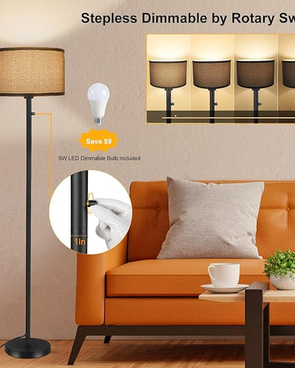Floor Lamps for Living Room, Stepless Dimmable Standing Lamp, Modern Floor Lamp with Rotary Switch, Gray Linen Shade, 9W Led Bulb Included(1000LM,2700K), Tall Lamp for Bedroom, Office, Farmhouse - LeafyLoom