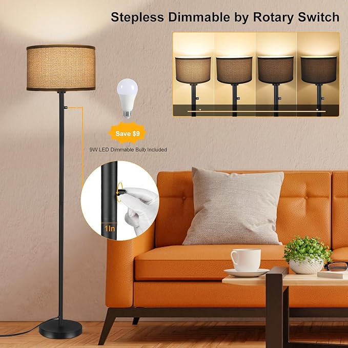 Floor Lamps for Living Room, Stepless Dimmable Standing Lamp, Modern Floor Lamp with Rotary Switch, Gray Linen Shade, 9W Led Bulb Included(1000LM,2700K), Tall Lamp for Bedroom, Office, Farmhouse - LeafyLoom