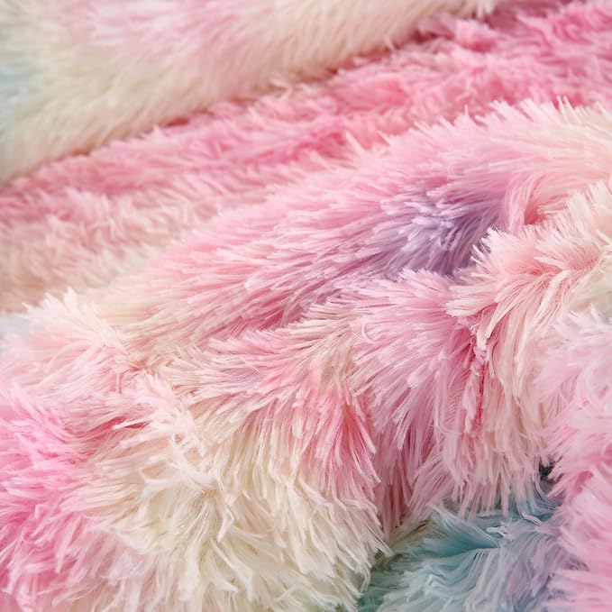 WINLIFE Faux Fur Comforter Set Twin Size for Girls Bedding Plush Shaggy Comforter Sets Gradient Ombre Tie Dye Bed Set Fuzzy Furry Long Hair Fluffy Comforter (3Pcs, Twin, Rainbow) - LeafyLoom