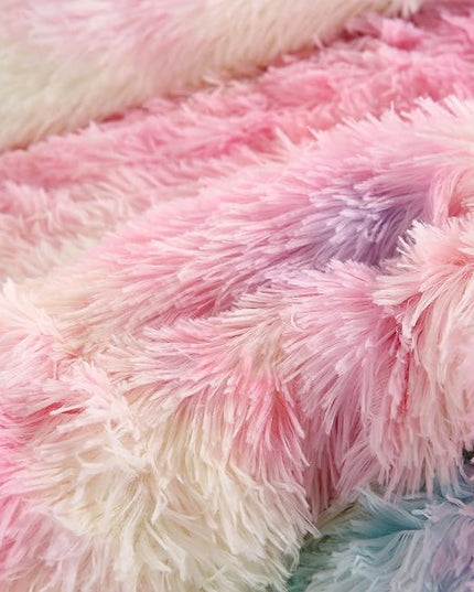 WINLIFE Shaggy Bedding Comforter Set Faux Fur Flannel Furry Comforter Microfiber Long Hair Fluffy Plush Comforter Sets Gradient Ombre Tie Dye MultiColor Bedding for Girls Adults (3Pcs, Full, Rainbow) - LeafyLoom