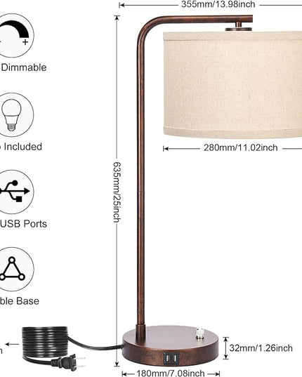 Vintage Table Lamp, Fully Dimmable Table Lamp with Dual USB Charging Ports, Farmhouse Bedside Lamp Nightstand Light, Tall Reading Desk Lamp for Living Room, Bedroom, Office, 9W LED Bulb Included - LeafyLoom