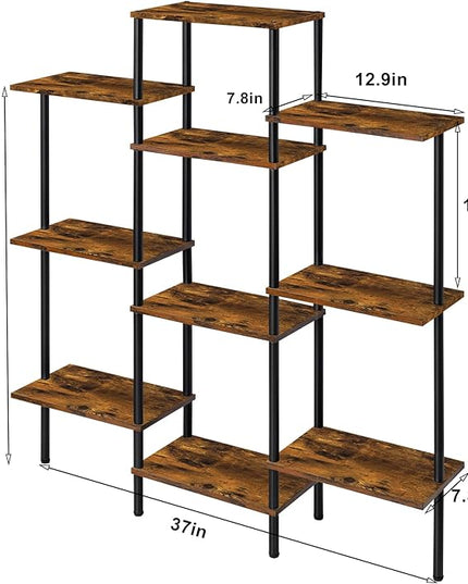 4-Tier Bookshelf,Small Triple Wide Bookcase for Books,CDs,Movies,Display Shelf with 10 Open Shelves for Living Room,Home Office,Balcony,Rustic Brown - LeafyLoom