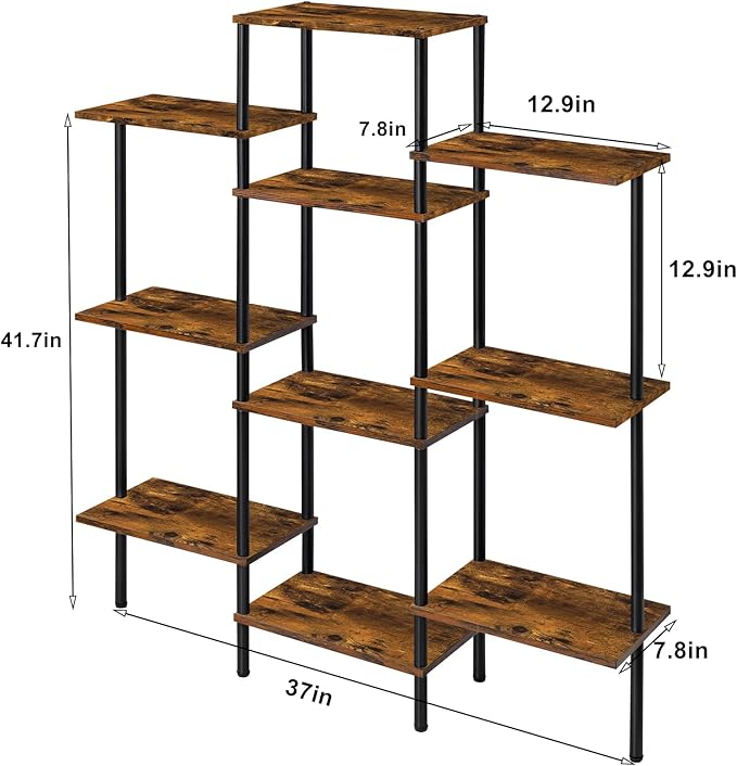 4-Tier Bookshelf,Small Triple Wide Bookcase for Books,CDs,Movies,Display Shelf with 10 Open Shelves for Living Room,Home Office,Balcony,Rustic Brown - LeafyLoom