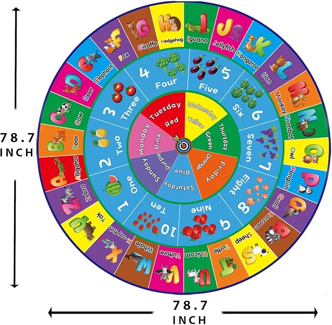 ABC Rug, ABC Play Mat for Kids Playroom, Round Alphabet Floor Mat,Classroom Elementary Preschool Rugs wtih ABC, Numbers, Animals - 78.7inch - LeafyLoom