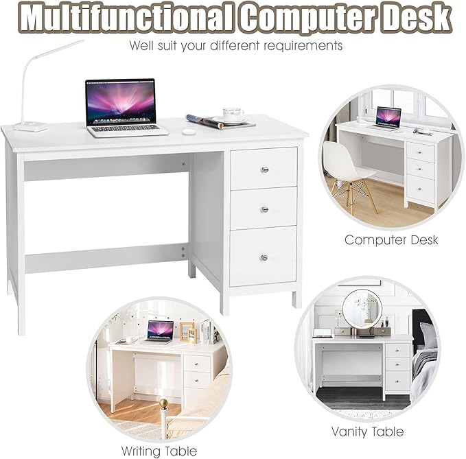 3-Drawer Computer Desk, White - LeafyLoom