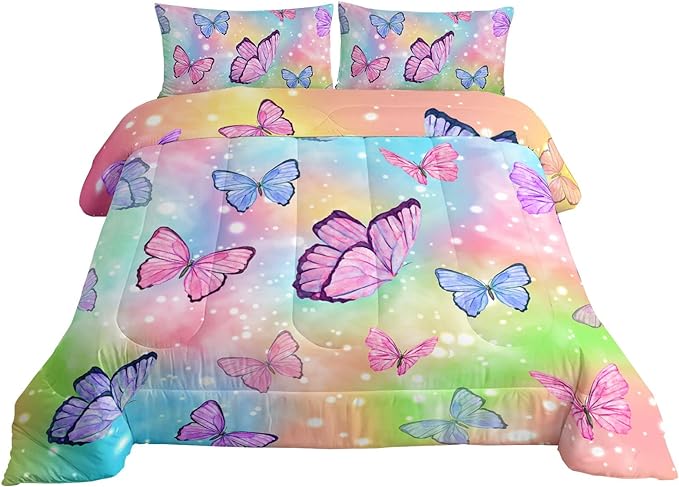 Datura home Bedding Comforter Set Rainbow Watercolor Butterfly Printed Pattern Quilt with 1 and 2 Pillowcases for Girls Bedroom All Season(Butterfly Queen) Queen 90x90inches - LeafyLoom