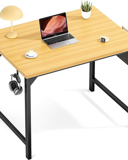 OLIXIS Computer Small Desk 32 Inch Home Office Writing Study Work Storage Bag Headphone Hooks Simple Wood Kids Student Table, Modern Nature - LeafyLoom