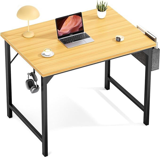 OLIXIS Computer Small Desk 32 Inch Home Office Writing Study Work Storage Bag Headphone Hooks Simple Wood Kids Student Table, Modern Nature - LeafyLoom