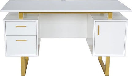 Techni Mobili Storage Drawers and Cabinet 51.25” W-Modern Office Large Floating Desktop Surface Desk, 23.6" D x 51.2" W x 29.8" H, White/Gold - LeafyLoom