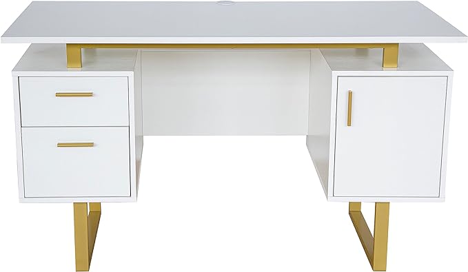 Techni Mobili Storage Drawers and Cabinet 51.25” W-Modern Office Large Floating Desktop Surface Desk, 23.6" D x 51.2" W x 29.8" H, White/Gold - LeafyLoom