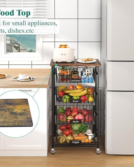 Kitchen Storage Cart with Wheels, 5-Tier Metal Utility Rolling Cart Fruit Vegetable Storage Basket Pantry Rack with Wood Top & Pull Out Baskets for Kitchen, Livingroom, Diningroom, Office - LeafyLoom