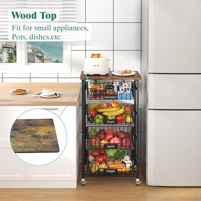 Kitchen Storage Cart with Wheels, 5-Tier Metal Utility Rolling Cart Fruit Vegetable Storage Basket Pantry Rack with Wood Top & Pull Out Baskets for Kitchen, Livingroom, Diningroom, Office - LeafyLoom