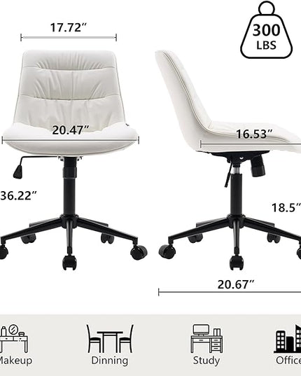 Kidol & Shellder Armless Office Chair Desk Chair Comfy Makeup Vanity Chair with Back Ergonomic Swivel Chair Home Office Desk Chairs with Wheels Rolling Computer Chair Bedroom Accent Chair(White) - LeafyLoom
