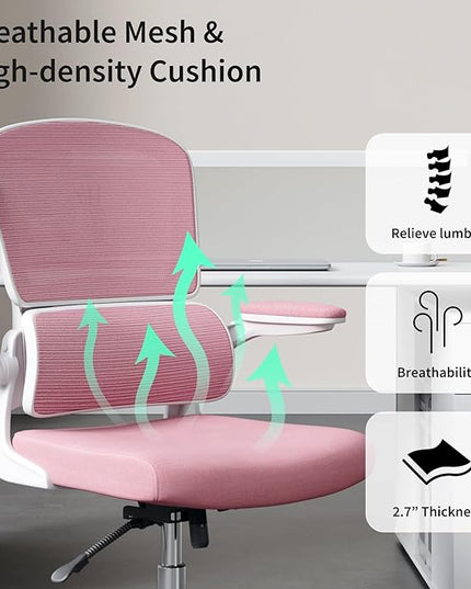Office Chair, Ergonomic Desk Chair - Thick Cushion Adjustable Height Computer Chair with Lumbar Support and Flip-up Armrests, Pink Home Office Desk Chairs, Swivel Executive Task Chair… - LeafyLoom