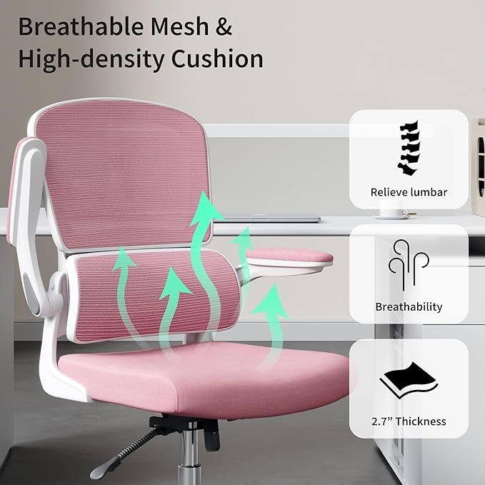 Office Chair, Ergonomic Desk Chair - Thick Cushion Adjustable Height Computer Chair with Lumbar Support and Flip-up Armrests, Pink Home Office Desk Chairs, Swivel Executive Task Chair… - LeafyLoom