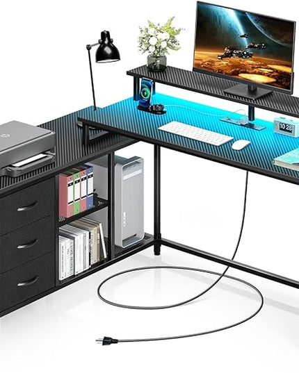 Seventable L Shaped Computer Desk with Drawers, Reversible Gaming Desk with LED Lights & Charging Port, Corner Desk with Storage Shelves & Monitor Stand for Home Office Carbon Fiber Black - LeafyLoom