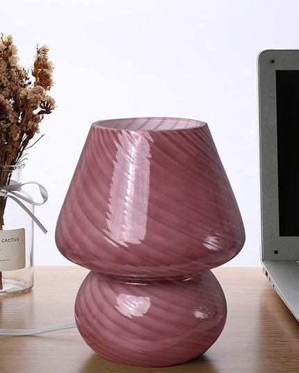 Mushroom Lamp,Glass Mushroom Bedside Table Lamps Purple Translucent Murano Vintage Style Striped Small Nightstand Desklamp Swirl Light for Home Decor, Dining, Living, Bedroom, Gift (Stripe Purple) - LeafyLoom