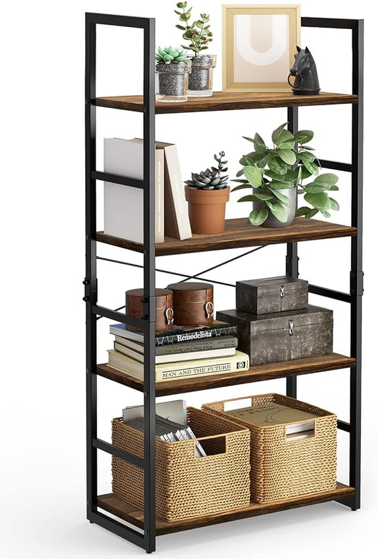 Pipishell Bookshelf, 4-Tier Bookcase, Storage Bookshelves, Tall Bookcase Shelf Storage Organizer, Book Shelf with Steel Frame, Vintage Standing Shelf for Home Office, Living Room, Bedroom, Kitchen - LeafyLoom