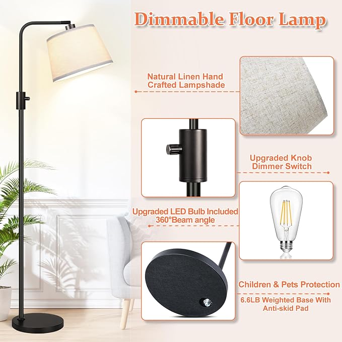 【Upgraded】 Dimmable Floor Lamp, 1000 Lumens LED Edison Bulb Included, Arc Floor Lamps for Living Room Modern Standing Lamp with Linen Shade, Tall Lamp for Bedroom Office Dining Room- Black - LeafyLoom
