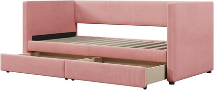Twin Size Corduroy Daybed with 2 Storage Drawers, Day Bed with Solid Wood Slat Support for Bedroom Living Room Guestroom, No Box Spring Needed, Pink - LeafyLoom