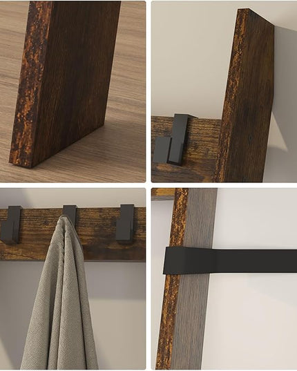 IBUYKE 5-Tier Blanket Ladder Shelf,Ladder Rack for Storage and Decor,Wooden Blanket Holder with Hooks,Easy Assembly for Bedroom,Rustic Brown TTR006H - LeafyLoom