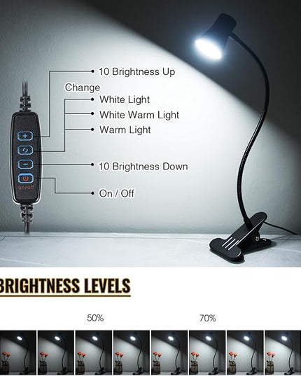 Clip Desk Lamp, USB Reading Light, Flexible Neck Led Clamp Light with 3 Color Temperature Options, 10 Dimmable Brightness Levels for Working, Studying (8W) - LeafyLoom