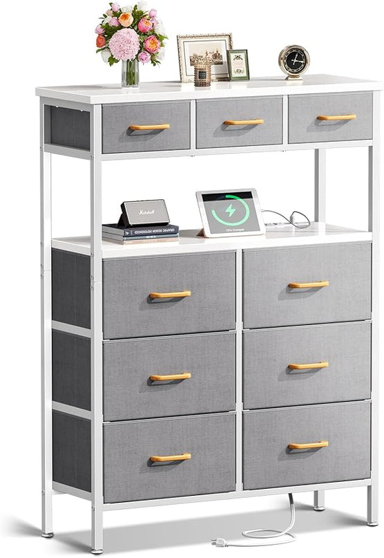AODK Dresser with Charging Station, 52 Inches Tall Dresser for Bedroom with 9 Storage Drawers, Large Fabric Dressers for Living Room, Hallway, Light Grey - LeafyLoom