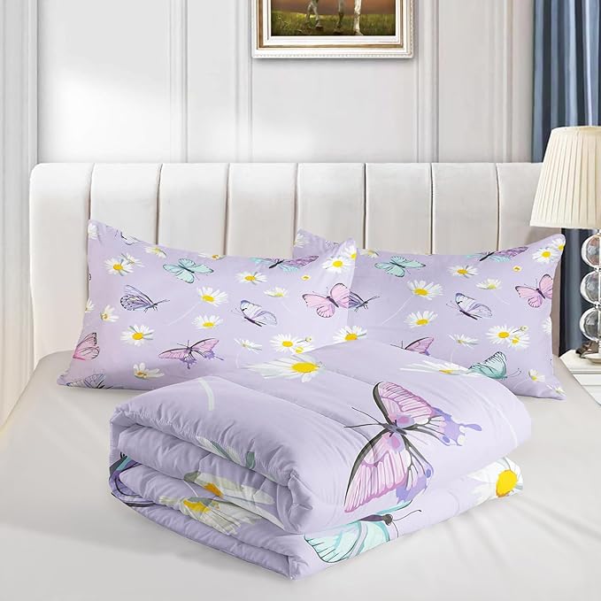 Butterfly Comforter Set for Kids Teens Girls Women,Daisy Kids Comforter,1 Comforter with 2 Pillowcase, Microfiber 3 Piece Bedding Set,for All Seasons(Purple，Twin Size) - LeafyLoom