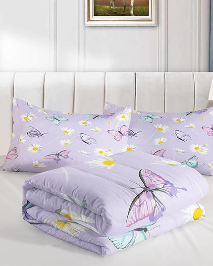Butterfly Comforter Set for Kids Teens Girls Women,Daisy Kids Comforter,1 Comforter with 2 Pillowcase, Microfiber 3 Piece Bedding Set,for All Seasons(Purple，Queen Size) - LeafyLoom