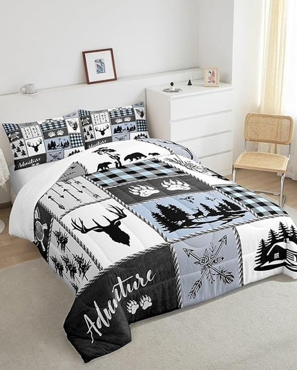 Deer Bear Kids Comforter Set Queen Size,Hunting Adventure Rustic Farmhouse Bedding Set for Boys Girls Adults Room Decor,Geometric Plaid Patchwork Down Comforter,Blue Xmas Duvet Insert,2 Pillowcases - LeafyLoom
