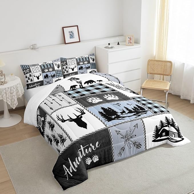 Deer Bear Kids Comforter Set Twin Size,Hunting Adventure Rustic Farmhouse Bedding Set for Boys Girls Adults Room Decor,Geometric Plaid Patchwork Down Comforter,Blue Xmas Duvet Insert,1 Pillowcase - LeafyLoom
