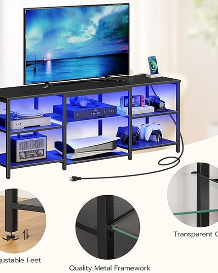 HOOBRO LED TV Stand for 65 Inch TVs with Charging Station, Gaming Entertainment Center with 3-Tier Open Storage, Long Media TV Console Table, TV Stand for Living Room, Bedroom, Black BB20UDDS01 - LeafyLoom