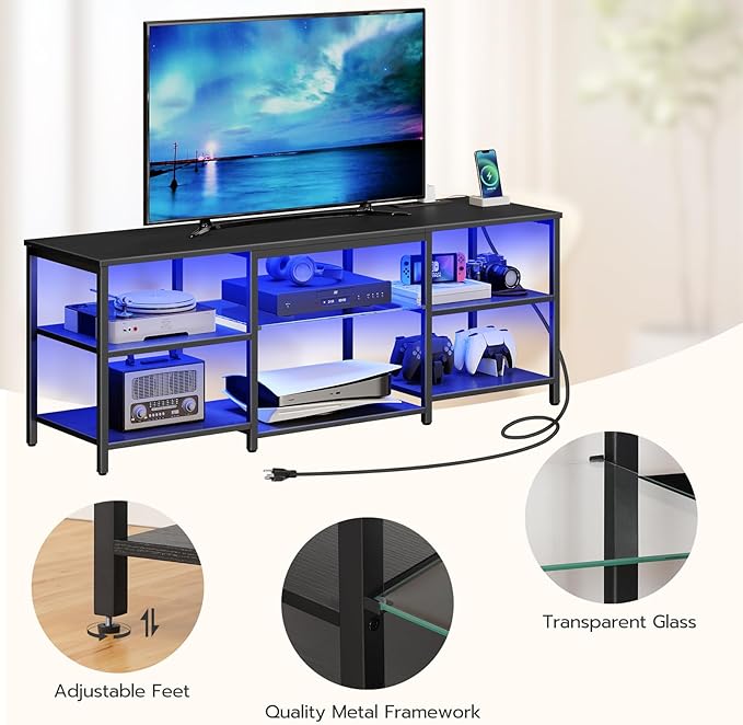 HOOBRO LED TV Stand for 65 Inch TVs with Charging Station, Gaming Entertainment Center with 3-Tier Open Storage, Long Media TV Console Table, TV Stand for Living Room, Bedroom, Black BB20UDDS01 - LeafyLoom