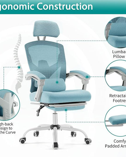 MCQ Office Computer Desk Chair, Gaming Chairs for Adults, High-Back Mesh Rolling Swivel Reclining Chairs with Wheels, Comfortable Lumbar Support, Comfy Arms for Home, Office, Gaming, Student, Blue - LeafyLoom