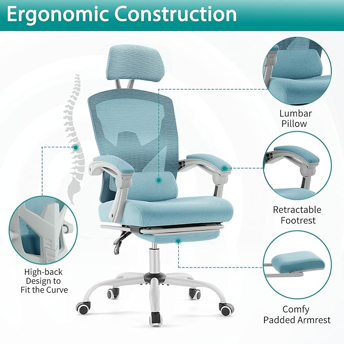 MCQ Office Computer Desk Chair, Gaming Chairs for Adults, High-Back Mesh Rolling Swivel Reclining Chairs with Wheels, Comfortable Lumbar Support, Comfy Arms for Home, Office, Gaming, Student, Blue - LeafyLoom