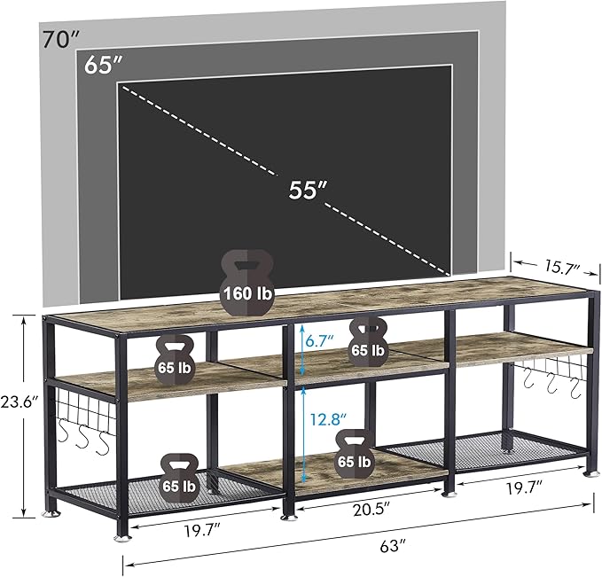 VECELO TV Stand for Televisions up to 70 Inch, Industrial Entertainment Center with 3-Tier Open Storage Shelves& Hooks for Living, Bedroom and Gaming Room, 63 Inch, Grey - LeafyLoom