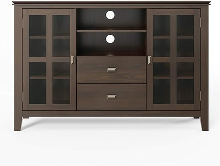 SIMPLIHOME Artisan SOLID WOOD Universal TV Media Stand, 53 inch Wide, Transitional, Living Room Entertainment Center, Storage Shelves and Cabinets, for Flat Screen TVs up to 60 inches in Tobacco Brown - LeafyLoom