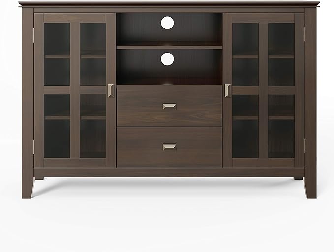 SIMPLIHOME Artisan SOLID WOOD Universal TV Media Stand, 53 inch Wide, Transitional, Living Room Entertainment Center, Storage Shelves and Cabinets, for Flat Screen TVs up to 60 inches in Tobacco Brown - LeafyLoom