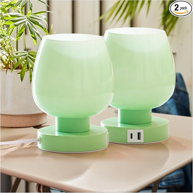 Touch Bedside Table Lamp with USB Charging - 3 Way Dimmable Small Glass Lamp for Bedroom, 2700K LED Bulb Included, Green, 2 Packs - LeafyLoom