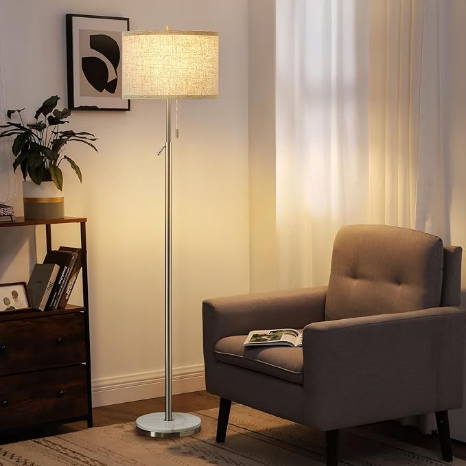 Marble Floor Lamp, Adjustable Height Standing Lamp with Marble Base Tall Lamp with Pull Chain Switch Floor Lamps for Living Room, Bedroom & Office Bulbs Not Included(Silver) - LeafyLoom