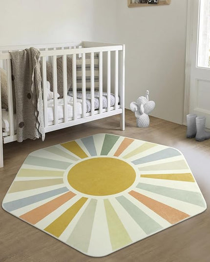 Boho Washable Rug for Kids Room Playroom, 4'x 4'7" Colorful Sun Nursery Rug for Girls Boys, Ultra Soft Non-Slip Sunshine Carpet Small Play Rug for Classroom Reading Corner Dorm - LeafyLoom